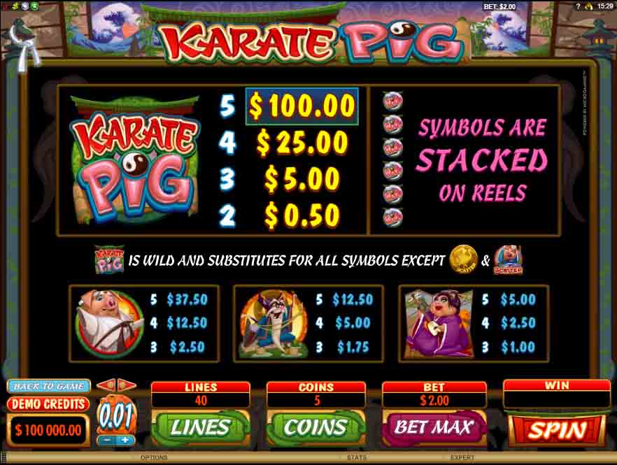 สัญลักษณ์ภายในเกมสล็อต Karate Pig จากค่ายเกม Microgaming ที่ตกแต่งได้สวยงามทำให้ดูน่าเล่น