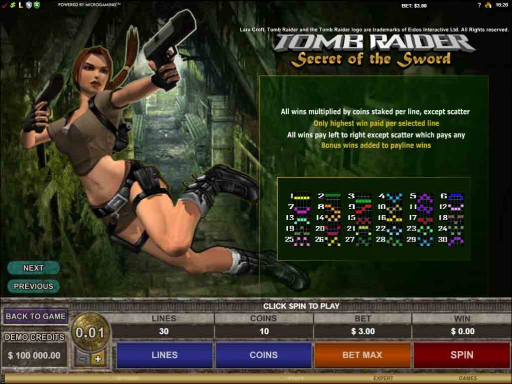 Payline win ของเกมสล็อต Tomb Raider Secret of the Sword จากค่ายเกม Microgaming