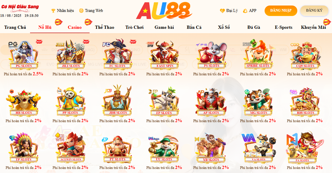 AU88 – TRANG CHỦ 23 Sảnh nổ hũ Au88 với phí hoàn trả cực cao và khả năng trúng Jackpot X100 tài khoản